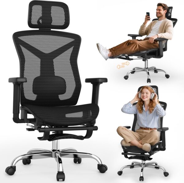 81RHsWjUX6L._AC_SL1500_.jpg Ergonomic Office Chair with Foot Rest, Home Mesh Desk Chair with Adjustable Lumbar Support, 3D Armrest, 3D Headrest, 90°-135° Lockable Reclining Function, Comfy High Back Swivel Computer Gaming Chairs