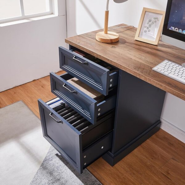 60"L-Shaped Executive Desk with 40"Adjustable File Cabinet,Farmhouse Home Office Desk with Charging Station,Office Desk with Storage Drawers,Wood Computer Desk Set for Office Work,Home Study (Blue)