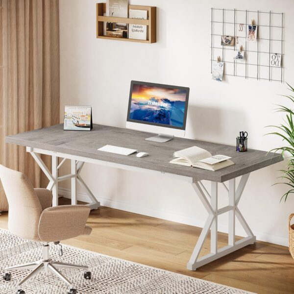 Tribesigns 70.86-Inch Large Executive Desk, Industrial Home Office Computer Desk, Simple Long Writing Study Table Business Furniture (Grey/White)