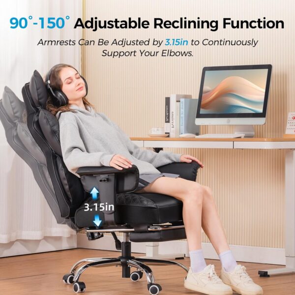 COMHOMA Big and Tall Office Chair 400LBS Wide Ergonomic Gaming Chair with Deluxe Embossing Designed Leather with Foot Rest,150°Reclining Adjustable Armrests Pocket Spring Back Support and Pillow