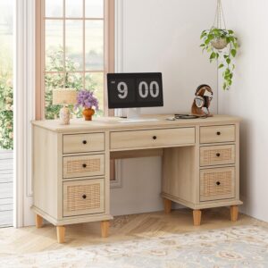 Yechen 58'' Wood Executive Desk with 7 Drawers - Modern Natural Rattan Home Office Desks with Charging Station, Large Long Computer Desk with Storage, Boho Writing Table for Work, Study, Natural Oak