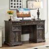 Yechen 55'' Wood Executive Desk with 7 Drawers - Farmhouse Home Office Desks with Storage & Power Outlet, Wooden Computer Desk with Roman Columns, Writing Table for Work & Study, Dark Reclaimed Oak