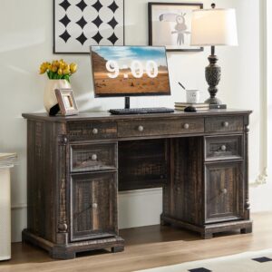 Yechen 55'' Wood Executive Desk with 7 Drawers - Farmhouse Home Office Desks with Storage & Power Outlet, Wooden Computer Desk with Roman Columns, Writing Table for Work & Study, Dark Reclaimed Oak