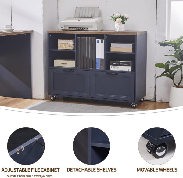 60"L-Shaped Executive Desk with 40"Adjustable File Cabinet,Farmhouse Home Office Desk with Charging Station,Office Desk with Storage Drawers,Wood Computer Desk Set for Office Work,Home Study (Blue)