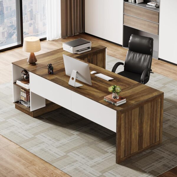 Tribesigns Executive Office Desk with File Cabinet, 79-Inch Modern L-Shaped Desk, Large Computer Table with Storage Cabinet and Open Shelves, Business Table for Home Office, Brown and White