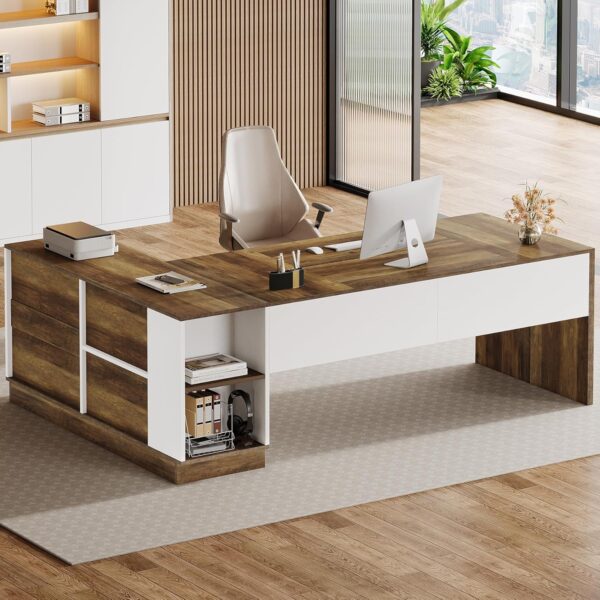 Tribesigns Executive Office Desk with File Cabinet, 79-Inch Modern L-Shaped Desk, Large Computer Table with Storage Cabinet and Open Shelves, Business Table for Home Office, Brown and White