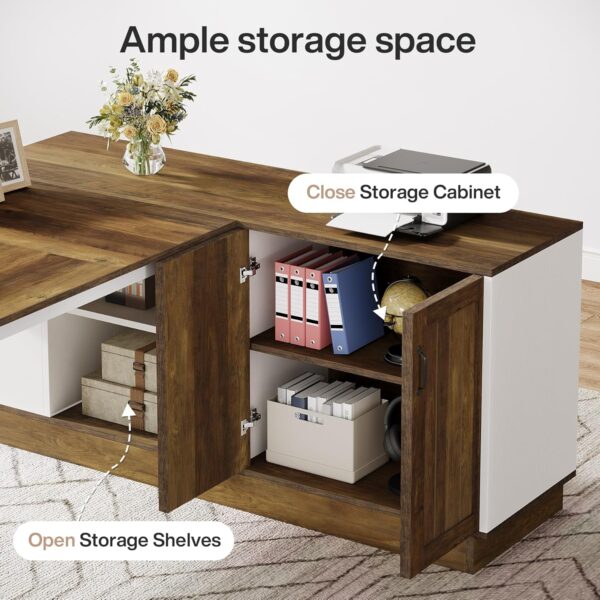 Tribesigns Executive Office Desk with File Cabinet, 79-Inch Modern L-Shaped Desk, Large Computer Table with Storage Cabinet and Open Shelves, Business Table for Home Office, Brown and White