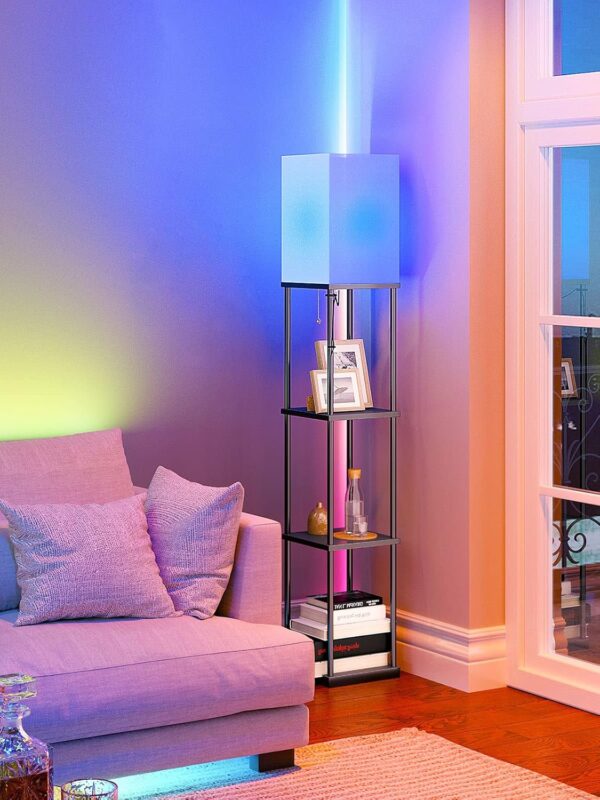 addlon Floor Lamp with Shelves, 4-Tier Modern Shelf Lamp with RGB Smart Bulb, APP Control Standing Lamps with White Lamp Shade, Floor lamp for Living Room, Bedroom - Black