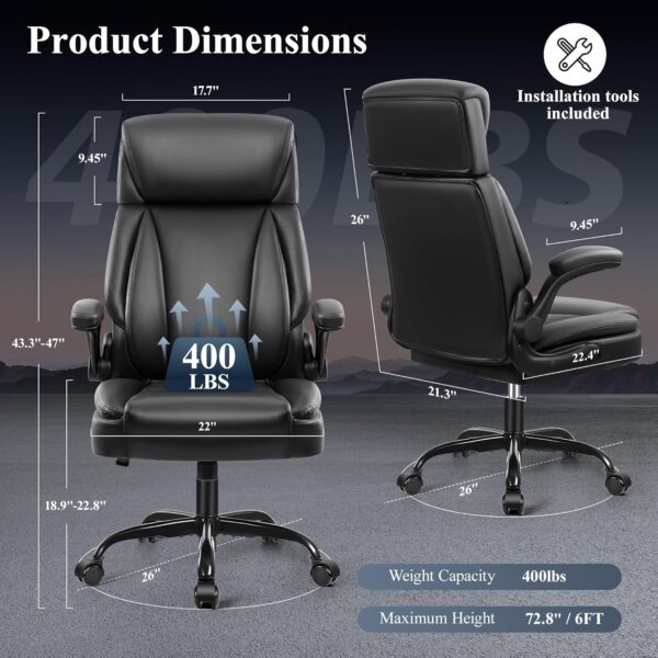 Leather Office Chair, Big and Tall Office Chair Executive Breathable PU Computer Chairs with Lumbar Support, High Back Home Desk Chairs with Flip-up Armrests, Adjustable Headrest