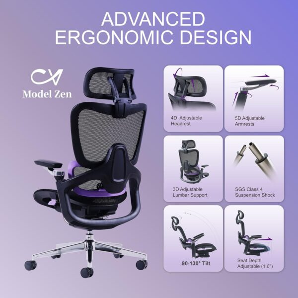Ergonomic Office Chair, Big and Tall Mesh Home Desk Chair with Adaptive Lumbar Support, Gaming Chair with Headrest, 5D Armrest,90-130°Tilt, BIFMA Certified, Model Zen (Purple)