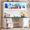 YITAHOME Executive Desk with Hutch and Drawers, Farmhouse Computer Desk with Power Outlet & LED Lights, Home Office Desks with Storage Shelves, Storage Cabinet with Glass Door, White & Black