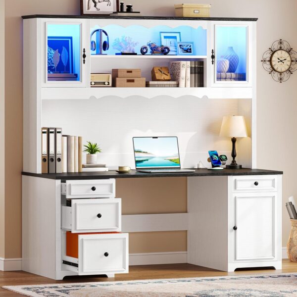 YITAHOME Executive Desk with Hutch and Drawers, Farmhouse Computer Desk with Power Outlet & LED Lights, Home Office Desks with Storage Shelves, Storage Cabinet with Glass Door, White & Black