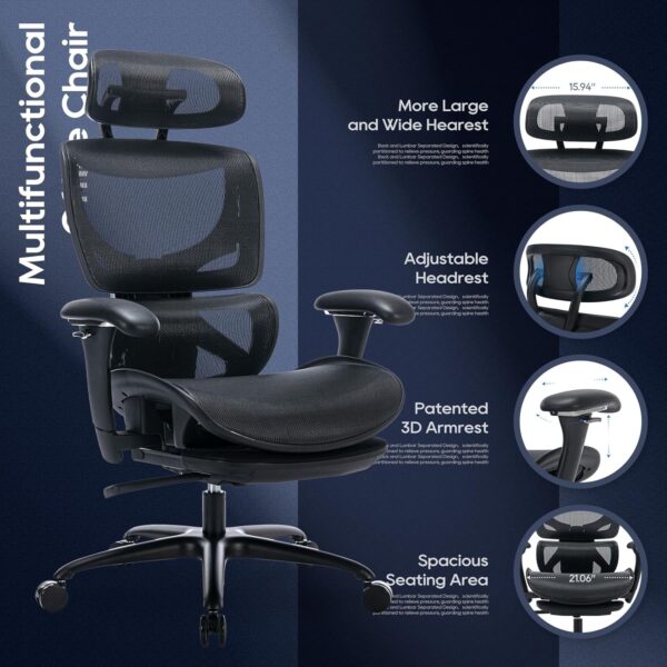 Ergonomic Mesh Office Chair with Footrest, Executive High Back Computer Desk Chair with Wide Headrest and Adjustable 3D Arms, Backrest, Tilt Lock and Lumbar Support-Black