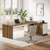 Tribesigns Executive Office Desk with File Cabinet, 79-Inch Modern L-Shaped Desk, Large Computer Table with Storage Cabinet and Open Shelves, Business Table for Home Office, Brown and White