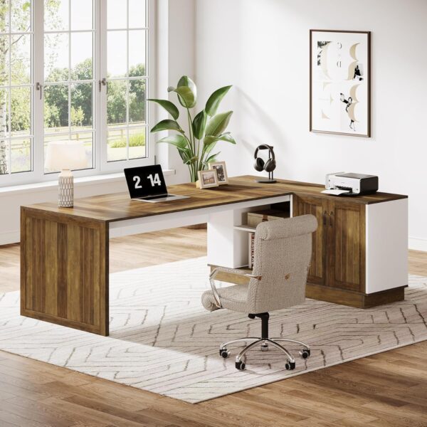 Tribesigns Executive Office Desk with File Cabinet, 79-Inch Modern L-Shaped Desk, Large Computer Table with Storage Cabinet and Open Shelves, Business Table for Home Office, Brown and White