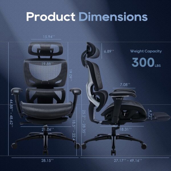 Ergonomic Mesh Office Chair with Footrest, Executive High Back Computer Desk Chair with Wide Headrest and Adjustable 3D Arms, Backrest, Tilt Lock and Lumbar Support-Black