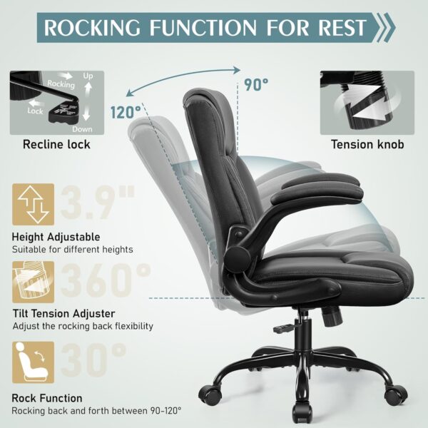 Leather Office Chair, PU Home Computer Desk Chairs with Ergonomic Back Support, 360°Swivel Free，Small Gmaing Chair with Wheels and Adjustable Armrests, for Short People Use, Black