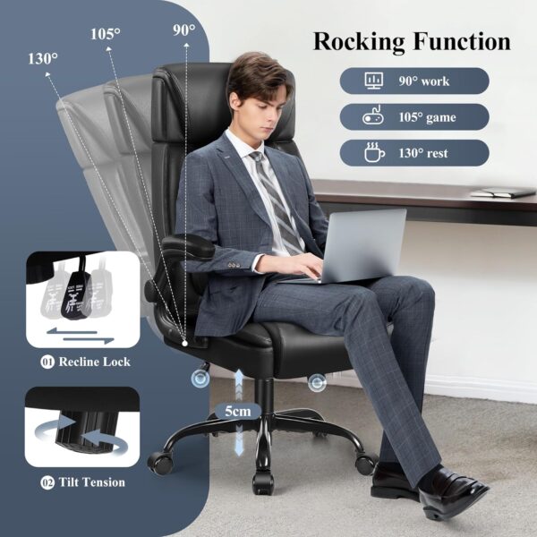 Leather Office Chair, Big and Tall Office Chair Executive Breathable PU Computer Chairs with Lumbar Support, High Back Home Desk Chairs with Flip-up Armrests, Adjustable Headrest