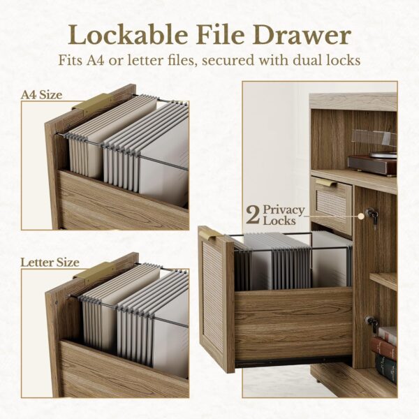 Home Office Furniture Set, 70" Standing Desk with 4 Drawer File Cabinet and Wide Bookcase, Executive Desk with AC/USB, Bookshelf with Drawers, Rattan Style Natural Oak