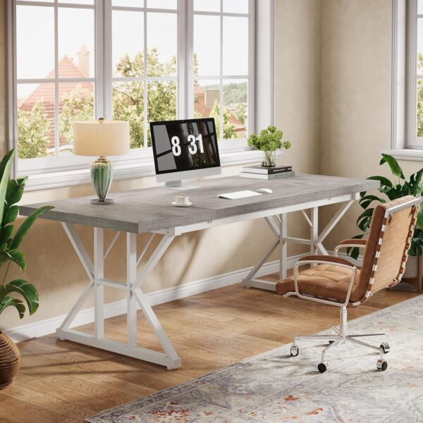 Tribesigns 70.86-Inch Large Executive Desk, Industrial Home Office Computer Desk, Simple Long Writing Study Table Business Furniture (Grey/White)