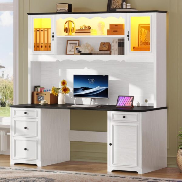 YITAHOME Executive Desk with Hutch and Drawers, Farmhouse Computer Desk with Power Outlet & LED Lights, Home Office Desks with Storage Shelves, Storage Cabinet with Glass Door, White & Black