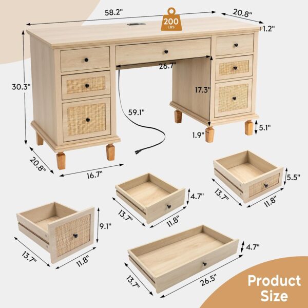 Yechen 58'' Wood Executive Desk with 7 Drawers - Modern Natural Rattan Home Office Desks with Charging Station, Large Long Computer Desk with Storage, Boho Writing Table for Work, Study, Natural Oak