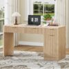 60" Executive Desk with Fluted Drawers, Wood Home Office Desk with Storage Cabinet, Charging Station, Fluted Computer Writing Desk for Study, Living Room, Natural Oak.