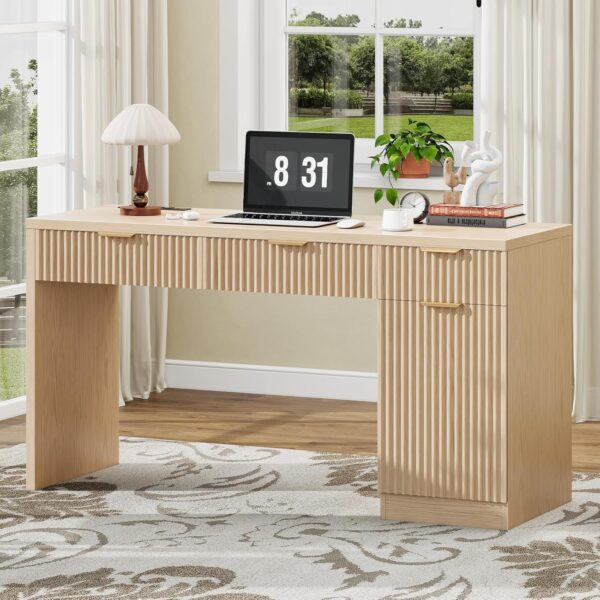 60" Executive Desk with Fluted Drawers, Wood Home Office Desk with Storage Cabinet, Charging Station, Fluted Computer Writing Desk for Study, Living Room, Natural Oak.