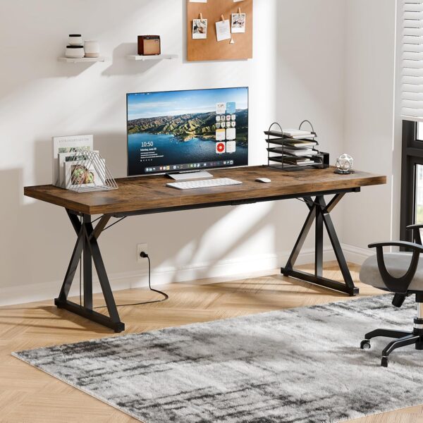 70.8-Inch Executive Desk with Power Outlet, Large Office Desk, Long Home Office Table, Big Writing Computer Table, Modern Work from Home Desk Office Furniture for Laptop, Rustic Brown/Black