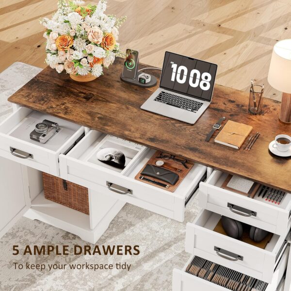 Whalefall 55'' Farmhouse Desk Home Office with Drawers, Executive Computer Desk Wooden with File Cabinet and Charging Station, White