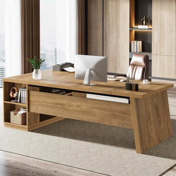 Tribesigns 78" L Shaped Desk with Drawers, Large Executive Office Desk with File Cabinet and Shelves, Modern Corner Computer Desk with Storage Shelves Business Furniture for Home Office, Brown