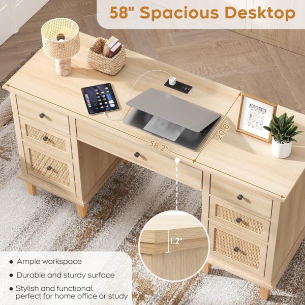 Yechen 58'' Wood Executive Desk with 7 Drawers - Modern Natural Rattan Home Office Desks with Charging Station, Large Long Computer Desk with Storage, Boho Writing Table for Work, Study, Natural Oak