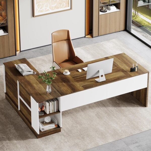Tribesigns Executive Office Desk with File Cabinet, 79-Inch Modern L-Shaped Desk, Large Computer Table with Storage Cabinet and Open Shelves, Business Table for Home Office, Brown and White