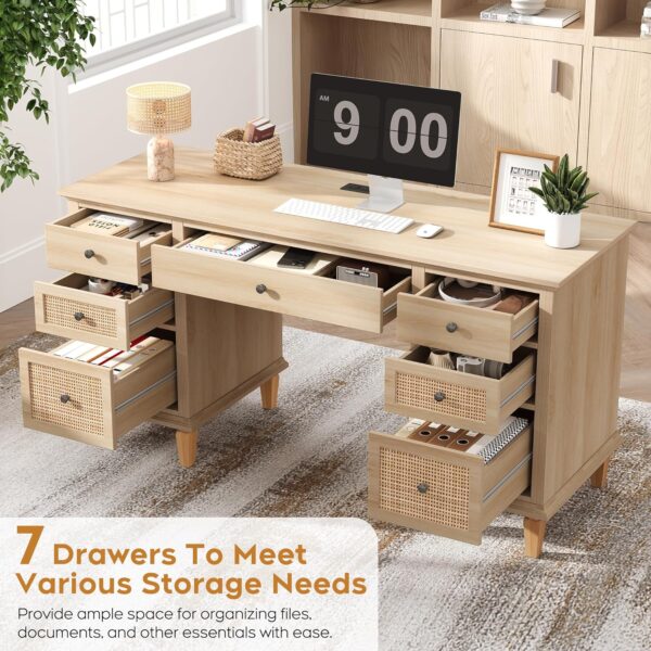 Yechen 58'' Wood Executive Desk with 7 Drawers - Modern Natural Rattan Home Office Desks with Charging Station, Large Long Computer Desk with Storage, Boho Writing Table for Work, Study, Natural Oak