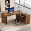 Tribesigns 70.9-Inch Executive Desk, L-Shaped Desk with 55.1-Inch Storage Cabinet, Mid-Century Farmhouse Office Computer Table with Sliding Door, Large Business Furniture for Home Office