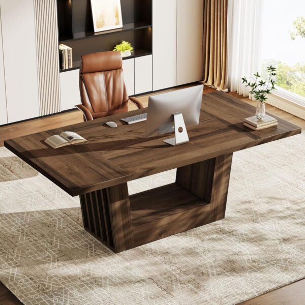 Tribesigns 63-inch Executive Office Desk, Modern Computer Home Office Desk with Robust Base, Large Wooden Writing Conference Table Business Workstation for Home Office, Walnut Brown