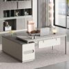 71-Inch Modern Executive Office Desk, L-Shaped Executive Desk with Cabinet and Storage Shelves, Large Writing Table Business Furniture Set for Home Office