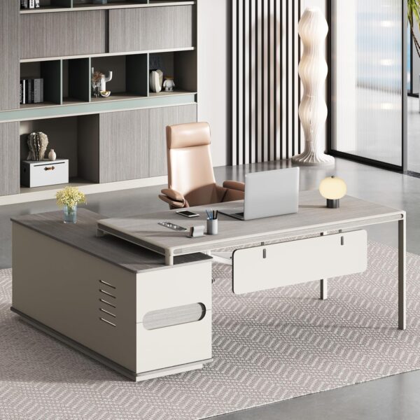 71-Inch Modern Executive Office Desk, L-Shaped Executive Desk with Cabinet and Storage Shelves, Large Writing Table Business Furniture Set for Home Office