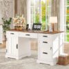 Whalefall 55'' Farmhouse Desk Home Office with Drawers, Executive Computer Desk Wooden with File Cabinet and Charging Station, White