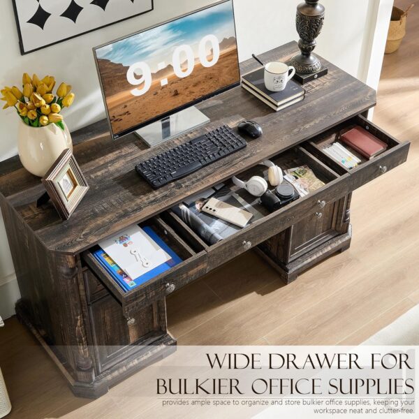 Yechen 55'' Wood Executive Desk with 7 Drawers - Farmhouse Home Office Desks with Storage & Power Outlet, Wooden Computer Desk with Roman Columns, Writing Table for Work & Study, Dark Reclaimed Oak