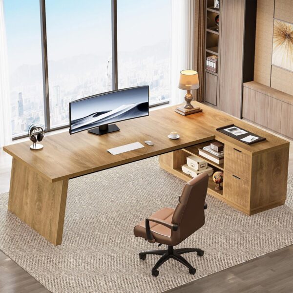 Tribesigns 78" L Shaped Desk with Drawers, Large Executive Office Desk with File Cabinet and Shelves, Modern Corner Computer Desk with Storage Shelves Business Furniture for Home Office, Brown