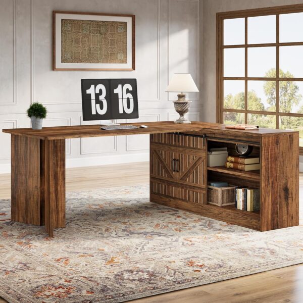 Tribesigns 70.9-Inch Executive Desk, L-Shaped Desk with 55.1-Inch Storage Cabinet, Mid-Century Farmhouse Office Computer Table with Sliding Door, Large Business Furniture for Home Office