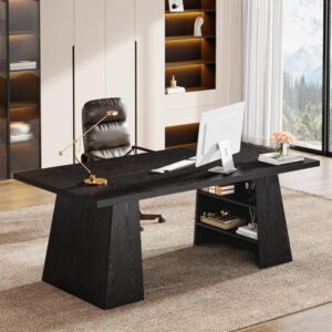 Tribesigns 63-Inch Executive Desk, Modern Large Office Computer Desk with Double Pedestal and Storage Shelves, Simple Writing Conference Table Workstations Business Furniture for Home Office, Black
