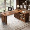 Tribesigns 70.9-Inch Executive Desk, L-Shaped Desk with 55.1-Inch Storage Cabinet, Mid-Century Farmhouse Office Computer Table with Sliding Door, Large Business Furniture for Home Office