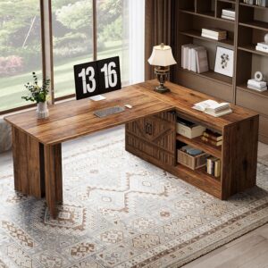 Tribesigns 70.9-Inch Executive Desk, L-Shaped Desk with 55.1-Inch Storage Cabinet, Mid-Century Farmhouse Office Computer Table with Sliding Door, Large Business Furniture for Home Office