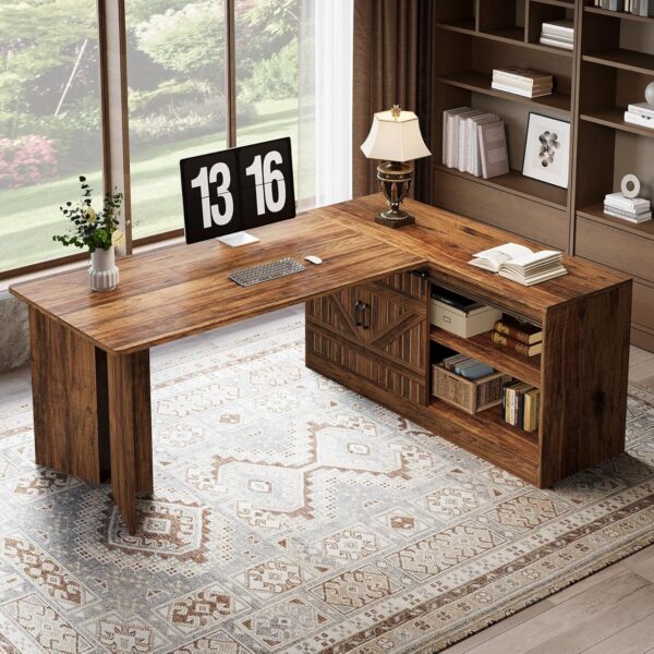 Tribesigns 70.9-Inch Executive Desk, L-Shaped Desk with 55.1-Inch Storage Cabinet, Mid-Century Farmhouse Office Computer Table with Sliding Door, Large Business Furniture for Home Office