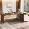 Tribesigns Executive Office Desk with File Cabinet, 79-Inch Modern L-Shaped Desk, Large Computer Table with Storage Cabinet and Open Shelves, Business Table for Home Office, Brown and White