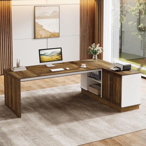 Tribesigns Executive Office Desk with File Cabinet, 79-Inch Modern L-Shaped Desk, Large Computer Table with Storage Cabinet and Open Shelves, Business Table for Home Office, Brown and White