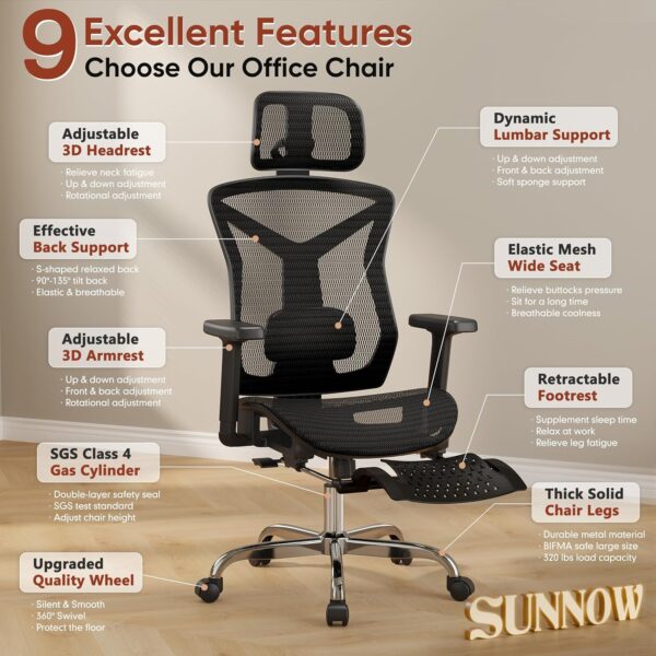 91OUz0OzN9L._AC_SL1500_.jpg Ergonomic Office Chair with Foot Rest, Home Mesh Desk Chair with Adjustable Lumbar Support, 3D Armrest, 3D Headrest, 90°-135° Lockable Reclining Function, Comfy High Back Swivel Computer Gaming Chairs