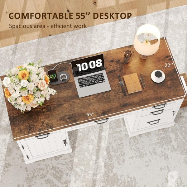 Whalefall 55'' Farmhouse Desk Home Office with Drawers, Executive Computer Desk Wooden with File Cabinet and Charging Station, White